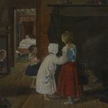 Oil on board, interior scene, children watching a chimney sweep, unsigned, 13" x 16", framed