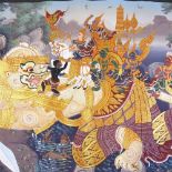 6 Thai unstretched oils on canvas, mythological scenes, largest 26" x 38", unframed (6)
