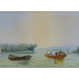 W E Hardy, watercolour, Continental lake scene, 4.5" x 14", framed