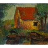 George Hogerwaard (1878 - 1939), oil on canvas, moored boats outside a cottage, signed, 16" x 18",