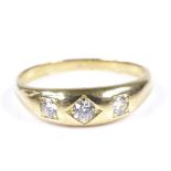 An 18ct gold 3-stone diamond gypsy ring, setting height 5.6mm, size T, 4.4g