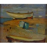 Mid-20th century oil on board, beached fishing boats, indistinctly signed, 12" x 14", framed