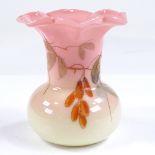 A Victorian pink glass posy vase, with painted botanical design, height 8cm