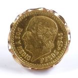 A 1945 gold 2 1/2 Pesos coin in 9ct lapel pin mount, 3.8g