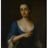 WITHDRAWN Early 18th century oil on canvas, portrait of a woman in blue, unsigned, 36" x 28", framed