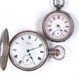 2 silver-cased pocket watches, comprising half hunter Waltham, case width 50mm, working order, and