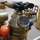 A large early 20th century military ship's binnacle, elm/teak drum case with brass top and inset