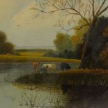 E Lenton, oil on canvas, cattle on a riverbank, 15" x 20", framed