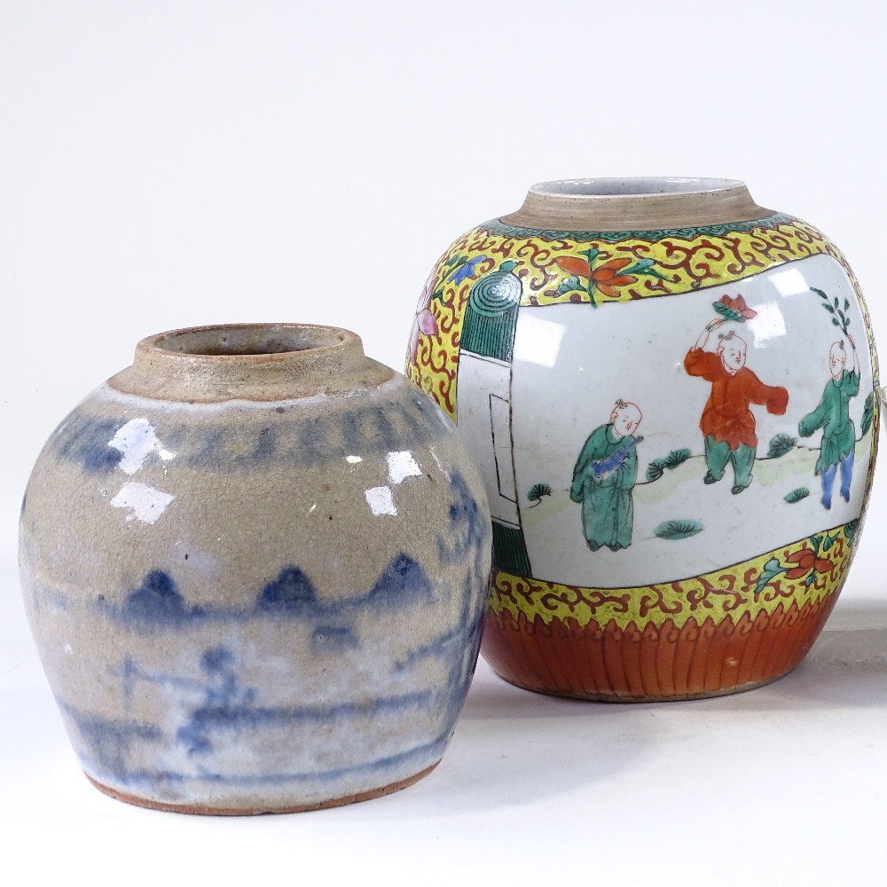 3 Chinese porcelain ginger jars, and a Chinese porcelain bowl, diameter 22cm (large rim chip)