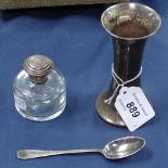 A silver bud vase, teaspoon, and silver-mounted bottle