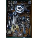 A tray containing a quantity of plated cutlery, teaware, candelabra etc