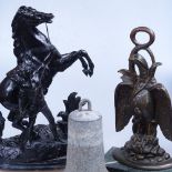 Spelter Marley horse group, 16.5", an eagle and serpent figure doorstop, and another doorstop