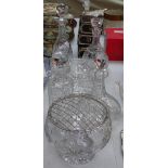 4 crystal decanters and stoppers, and 2 bowls