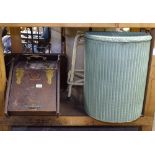 An Art Nouveau mahogany coal scuttle, a Lloyd Loom laundry bin, a machinist's stool