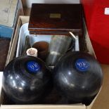 Ebony bowling balls, drawing instruments, Australian military cigarette case etc