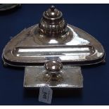 A stylised silver plate on copper desk stand with inkwell, and matching blotter, stamped ALP