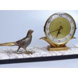 A French Art Deco clock on marble stand, surmounted by gilded spelter pheasant, length 19.5"