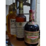 3 bottles of Teacher's Whisky, Canadian Club, and Drambuie