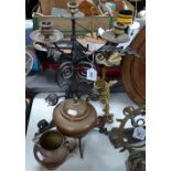 Wrought-iron and copper candelabrum, 16", a lamp, a kettle, and jug