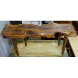 A rustic bench with yew wood plank top, on turned legs, W93cm