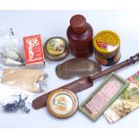 A Savory & Moore bottle holder, advertising items, miniature lead figures, a letter opener, Brighton