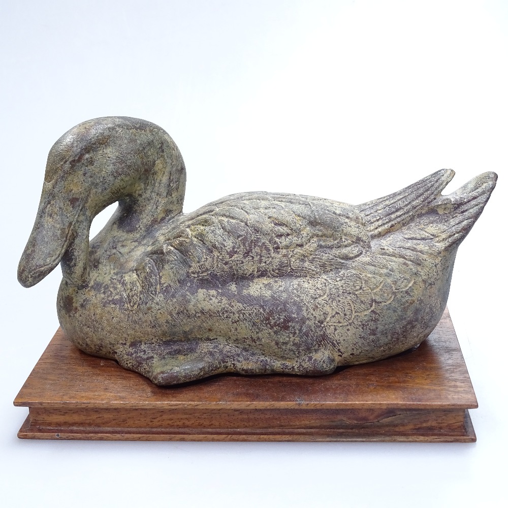 A verdigris bronze duck on fitted wooden stand, length 7.5" overall - Image 2 of 2