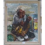 Oil on canvas board, Oriental street vendor, indistinctly signed, 24" x 19", framed