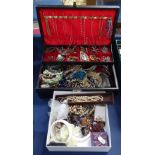 A cantilever jewellery box, containing a quantity of silver and other costume jewellery, and another