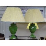 A pair of modern green glazed table lamps and shades, height including shade 58cm