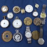 A tray containing Vintage chrome and brass pocket watches, an Avia wristwatch etc