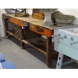 A large Vintage pine workbench, with 2 Record fitted vices and 3 short drawers, L304cm, H91cm, D76cm