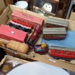 Hornby O gauge carriages and locomotive, accessories, and level crossings