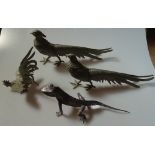 A stylised silver plated lizard, table pheasants etc (4)