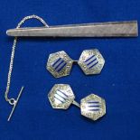 A pair of 18ct gold and blue enamel decorated octagonal cufflinks with engraved decoration, and an