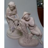 Parian ware figure with a vase, 12.5", and another depicting a nude child