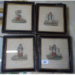 A set of 5 coloured engravings, young market traders, dated 1812, framed