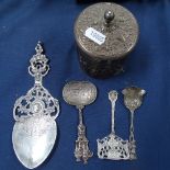 4 decorative Continental silver serving spoons, and a similar silver plated jar and cover