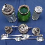 A silver-topped dressing table bottle, 4 silver teaspoons, a silver cruet etc
