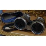 Schuco clockwork racing cars in tin, Jockey Club binoculars, and a binoculars case