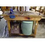 A pine workbench with 2 vices, L136cm, H95cm, D66cm