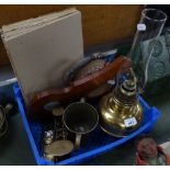 A copper kettle, a brass oil lamp, postal scale etc