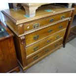 An Antique Continental pitch pine chest of 4 long drawers on bun feet, W102cm