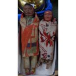 2 Native American figures, with papier mache faces and wooden limbs, tallest 13"