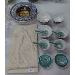 A composition wall plaque, 16.75", Chinese dinnerware, and Castelli bowl