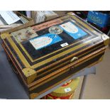 A painted and gilded steel box with carrying handles, with inner tray, inkwell, and luggage