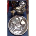 A collection of silver plated items, to include engraved circular salver, table centre, tankard,