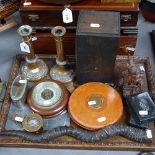 A commemorative oak tea tray, a fountain pen, boxes, a compass etc