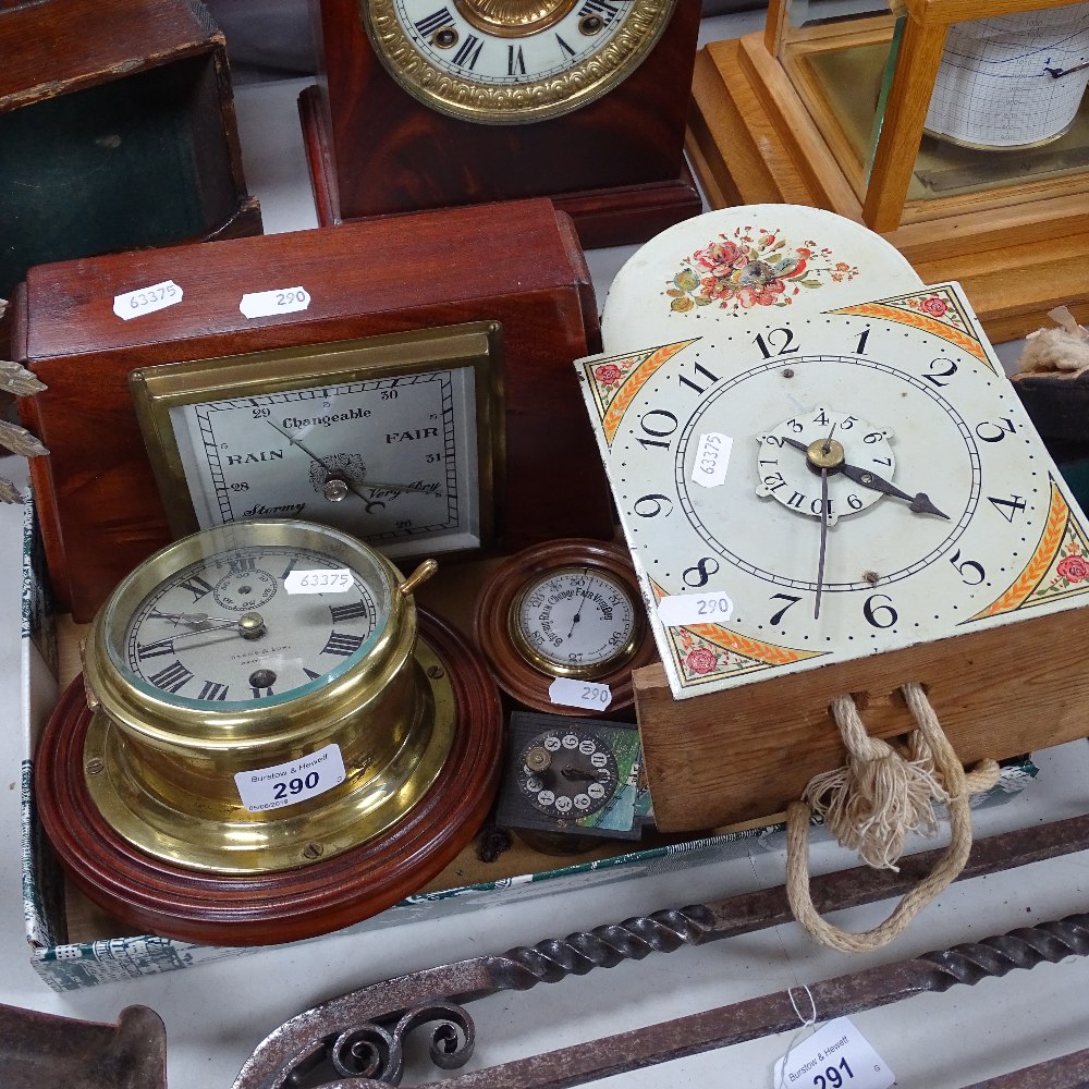 A brass ship's clock, 6.5" diameter overall, 2 barometers etc