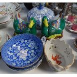 A pair of Chinese ceramic ducks on fitted wooden stands, height 6.5", Oriental blue and white jar