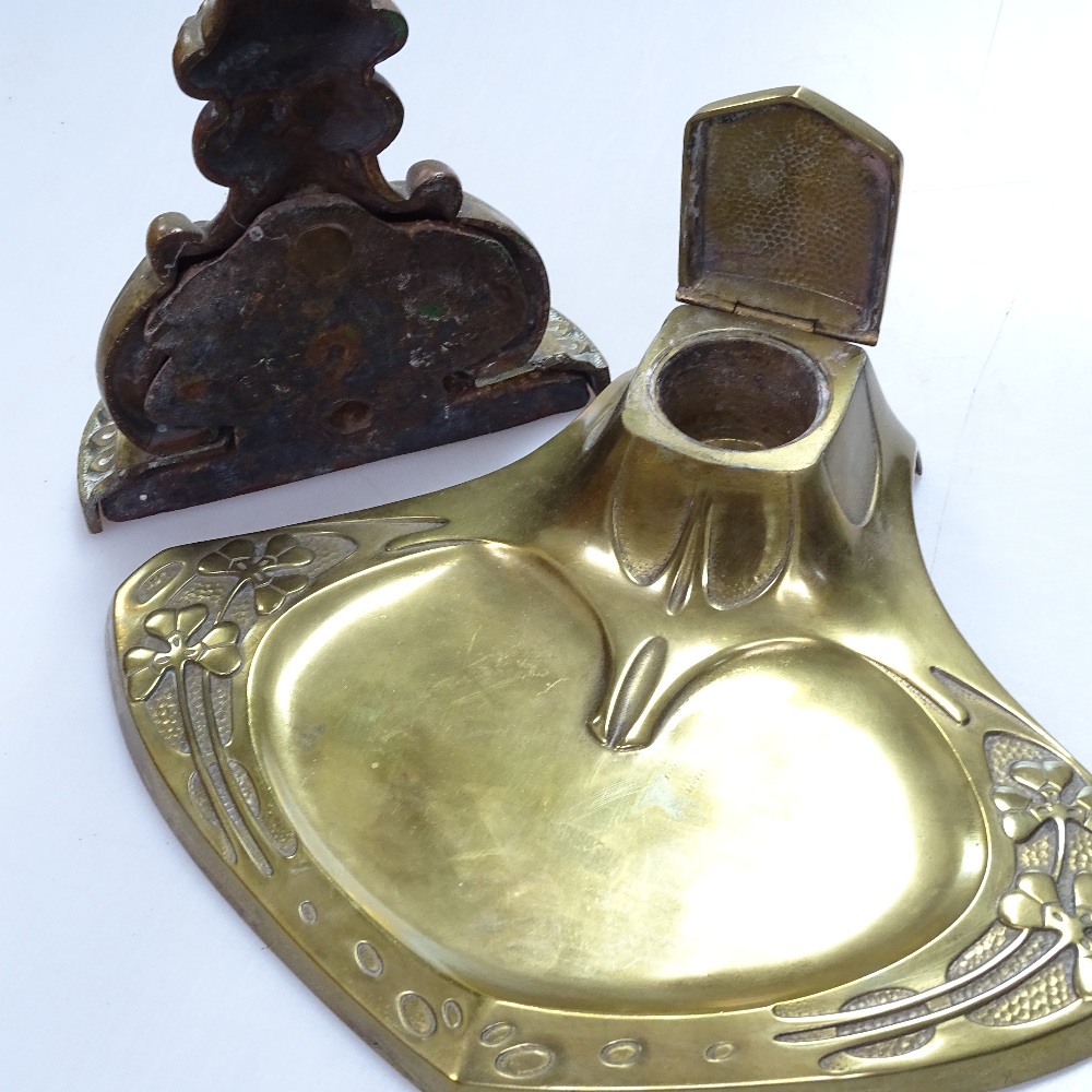 An Antique cast-brass doorstop, 13.5", and an Art Nouveau desk stand with clover leaf design - Image 2 of 2